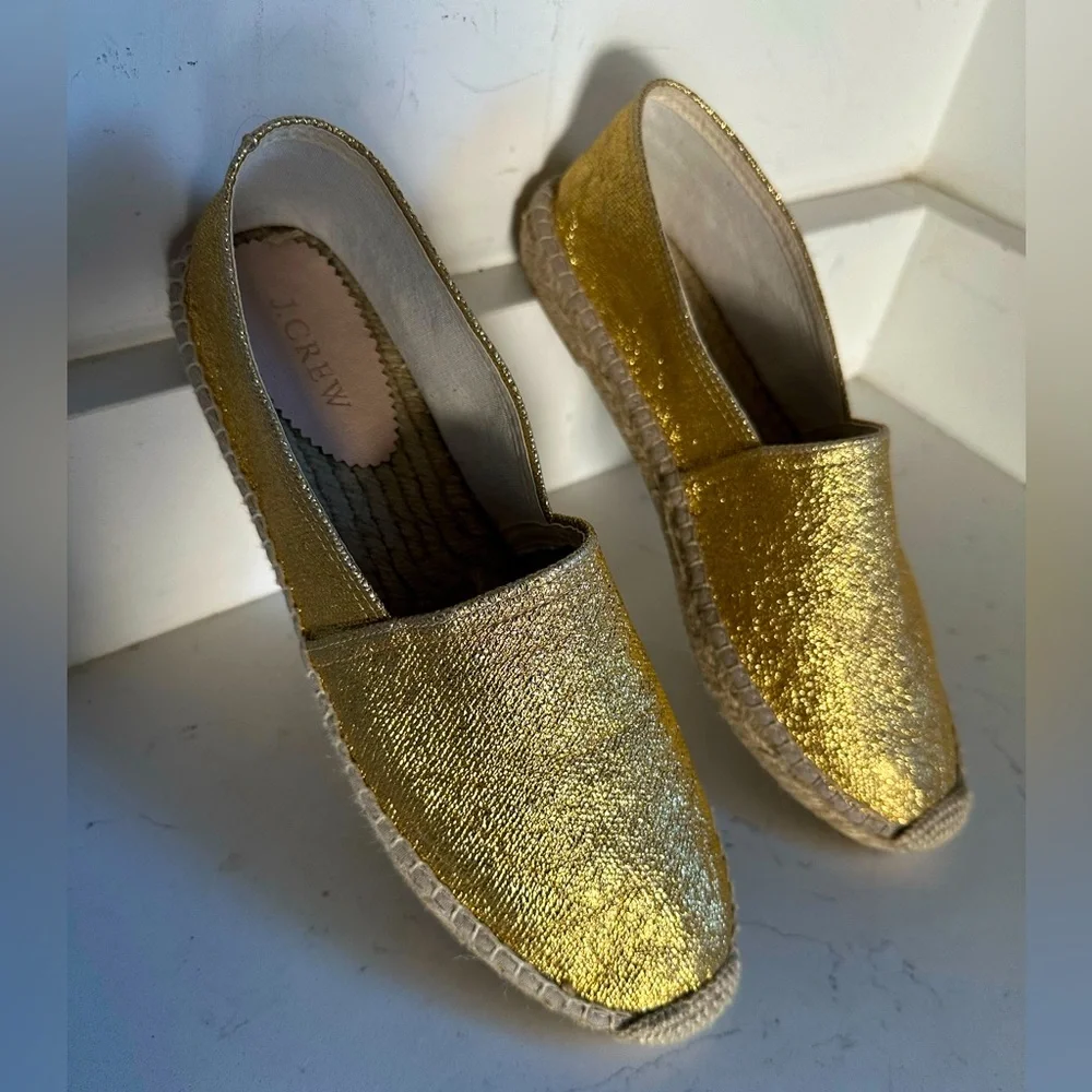 NWT‎ JCREW Made-in-Spain espadrille flats in metallic canvas sz 10.5